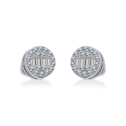 10K White Gold Round Baguette Diamond Cluster Stud Earrings 1/5 Ctw