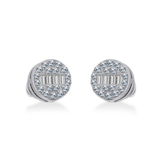 10K White Gold Round Baguette Diamond Cluster Stud Earrings 1/5 Ctw