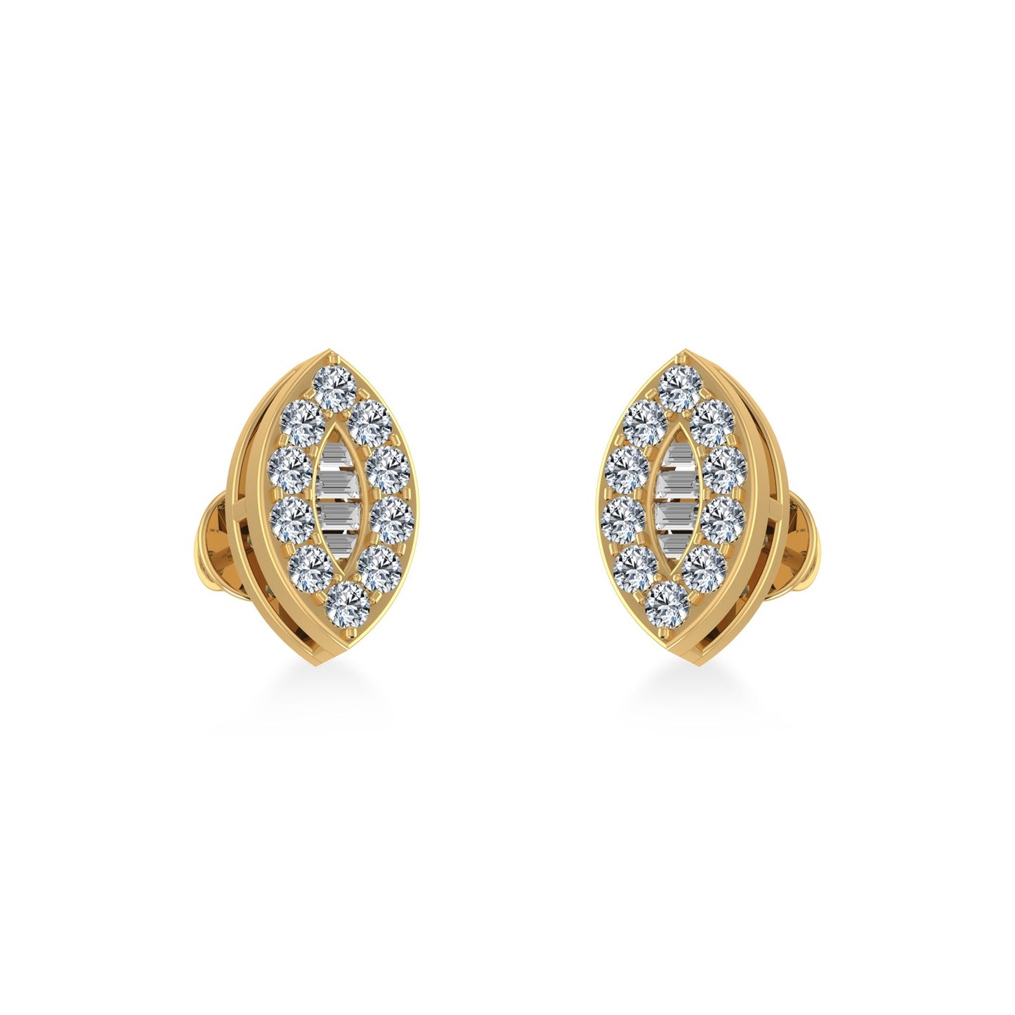 10K Yellow Gold Baguette Diamond Marquise Shape Stud Earrings 1/4 Ctw