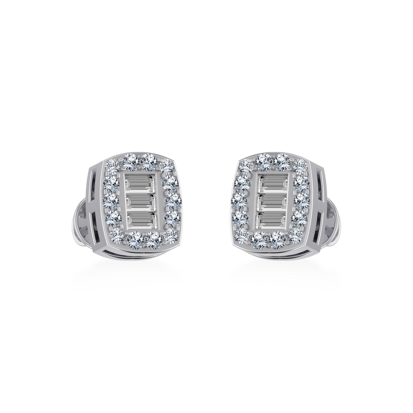 10K White Gold Round Baguette Diamond Square Shape Stud Earrings 1/5 Ctw