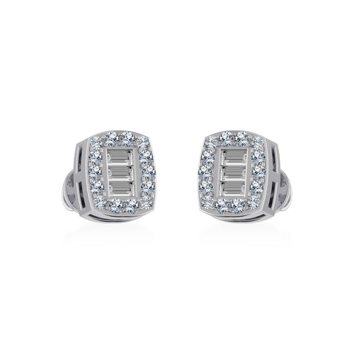 10K White Gold Round Baguette Diamond Square Shape Stud Earrings 1/5 Ctw