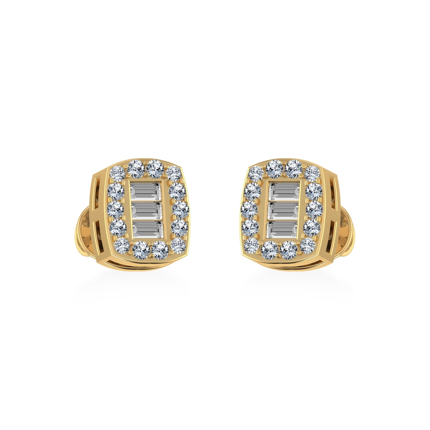 10K Yellow Gold Round Baguette Diamond Stud Earring 1/5 Ctw