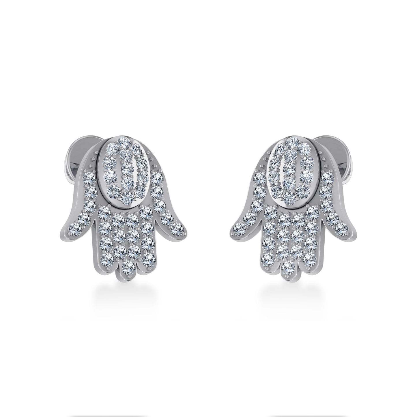 10K White Gold Round Baguette Diamond Hamza Hand Religious Stud Earring 1/5 Ctw