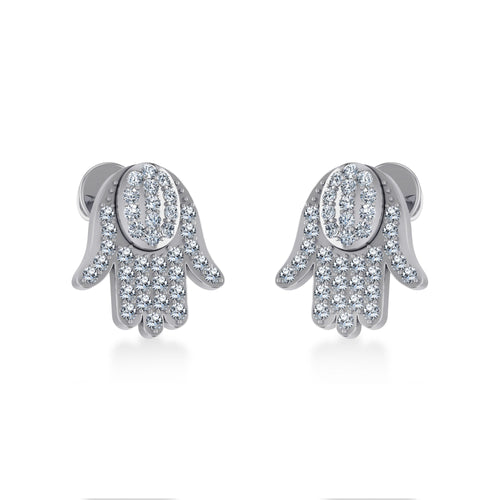 10K White Gold Round Baguette Diamond Hamza Hand Religious Stud Earring 1/5 Ctw