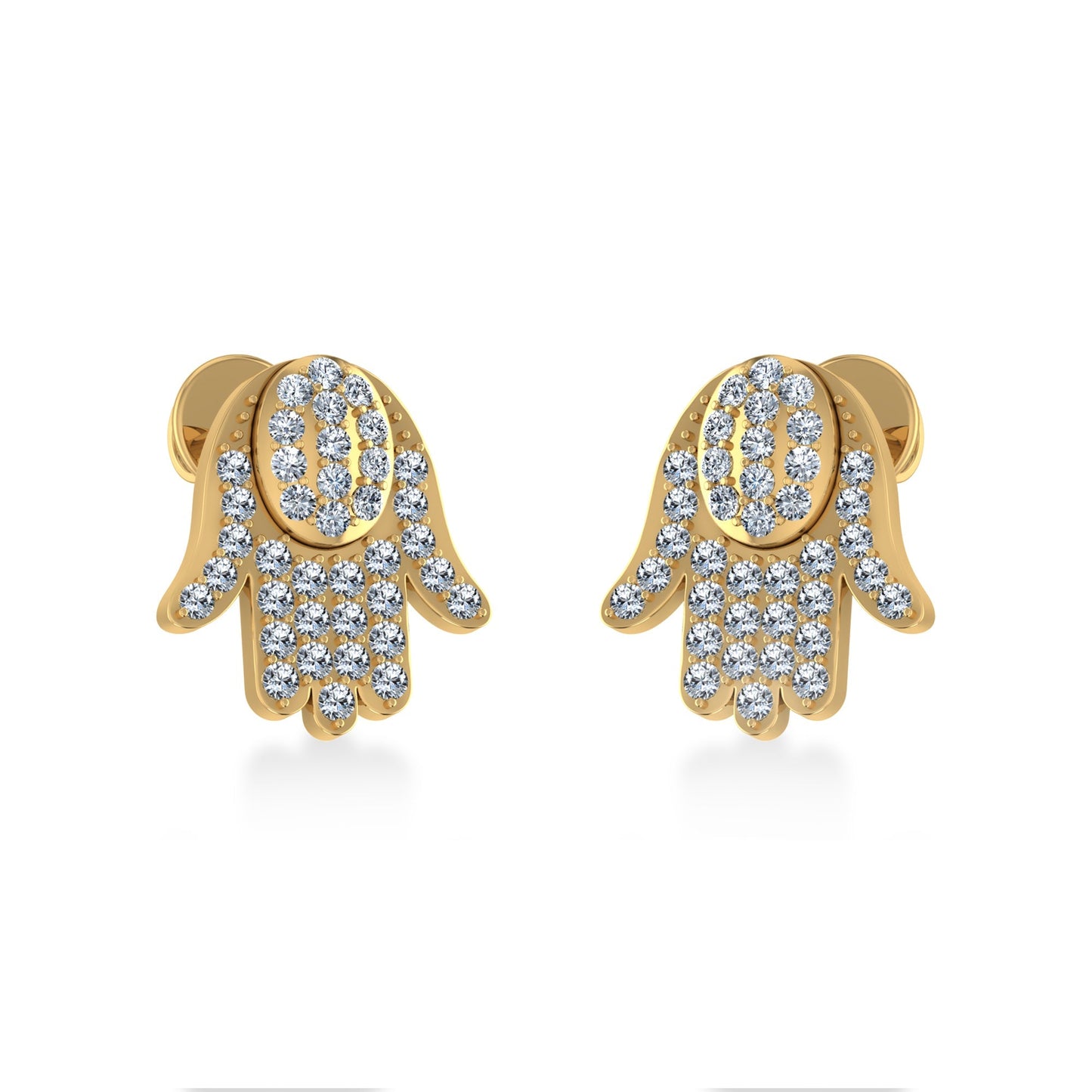10K Yellow Gold Round Baguette Diamond Hamza Hand Religious Stud Earrings 1/5 Ctw