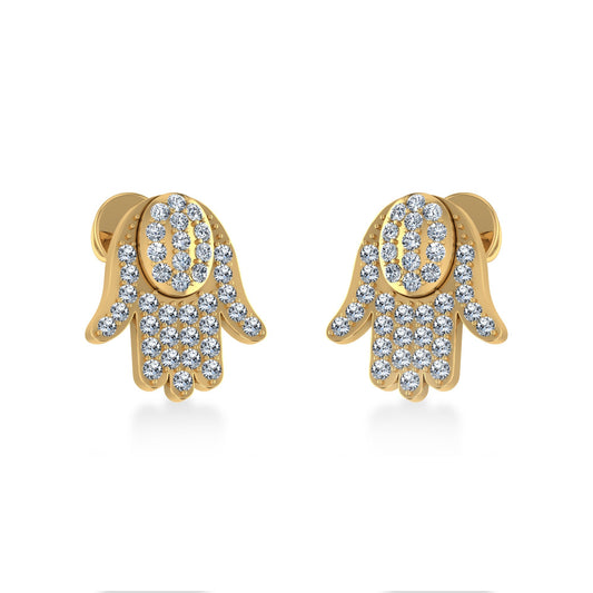 10K Yellow Gold Round Baguette Diamond Hamza Hand Religious Stud Earrings 1/5 Ctw