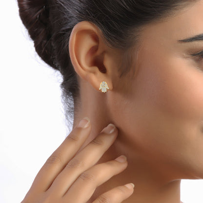 10K Yellow Gold Round Baguette Diamond Hamza Hand Religious Stud Earrings 1/5 Ctw