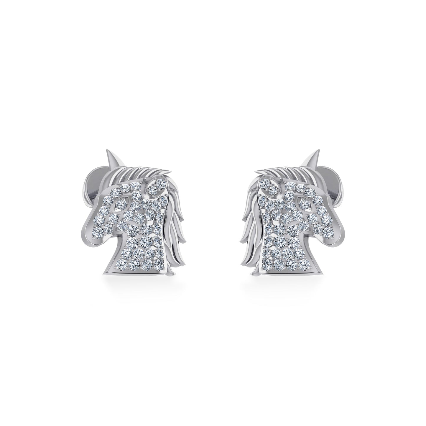 10K White Gold Round Diamond Horse Animal Designer Stud Earring 1/5 Ctw