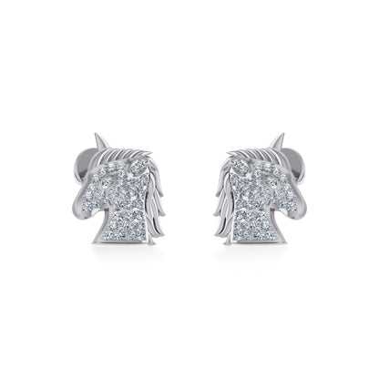 10K White Gold Round Diamond Horse Animal Designer Stud Earring 1/5 Ctw