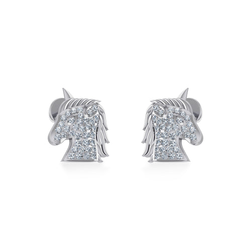 10K White Gold Round Diamond Horse Animal Designer Stud Earring 1/5 Ctw