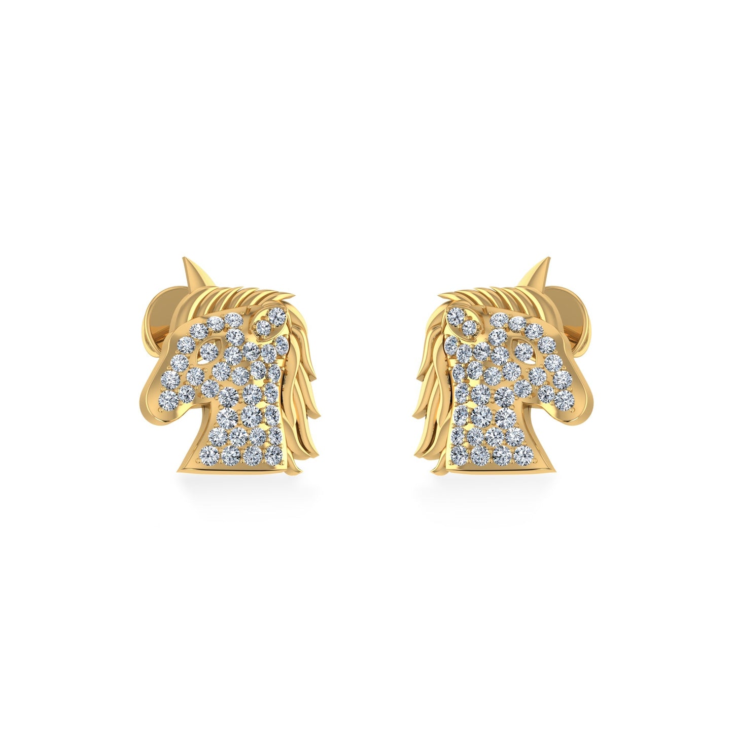 10K Yellow Gold Round Diamond Horse Animal Designer Stud Earring 1/5 Ctw