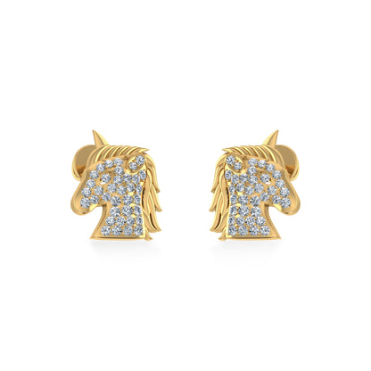 10K Yellow Gold Round Diamond Horse Animal Designer Stud Earring 1/5 Ctw