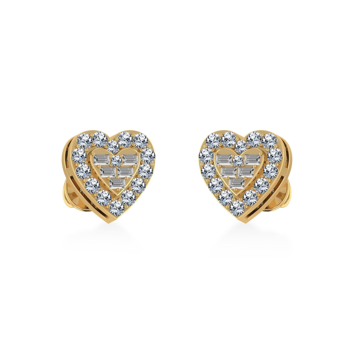 10K Yellow Gold Round Baguette Diamond Heart Shape Stud Earrings 3/8 Ctw