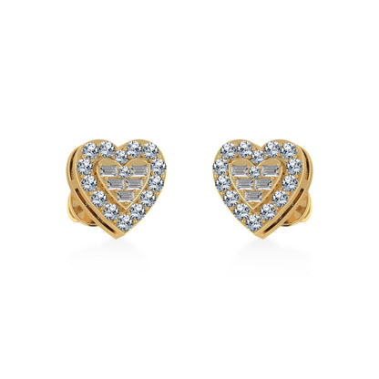 10K Yellow Gold Round Baguette Diamond Heart Shape Stud Earrings 3/8 Ctw