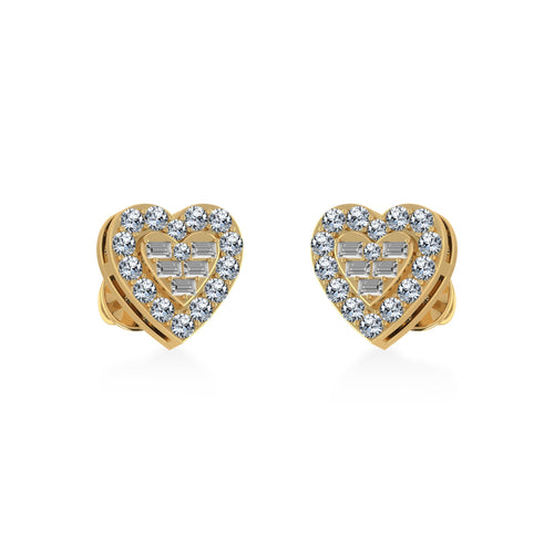 10K Yellow Gold Round Baguette Diamond Heart Shape Stud Earrings 3/8 Ctw