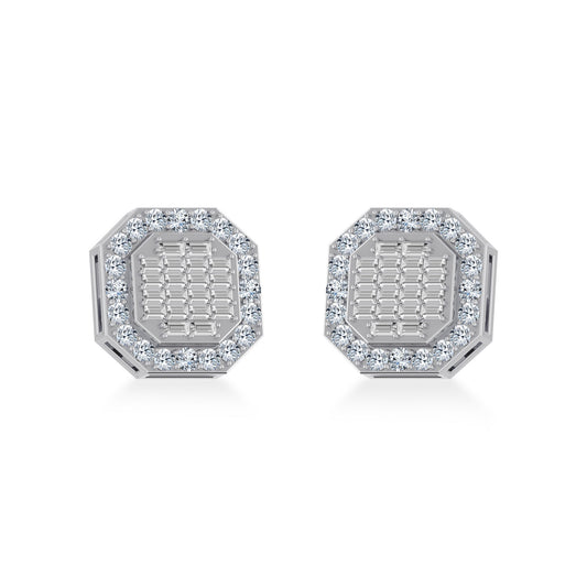10K White Gold Diamond Designer Stud Earring 7/8 Ctw