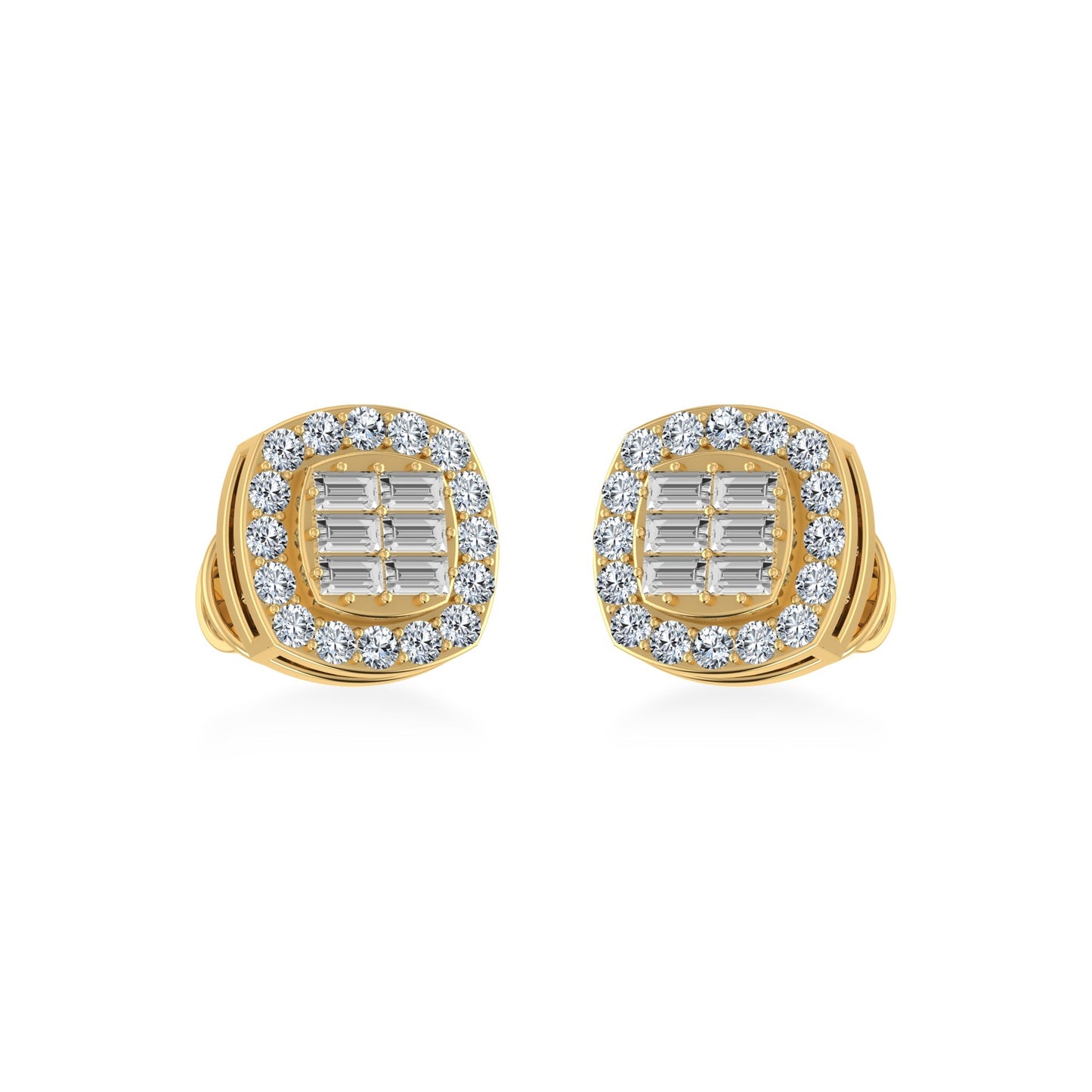 10K Yellow Gold Round Baguette Diamond Square Shape Stud Earrings 1/3 Ctw