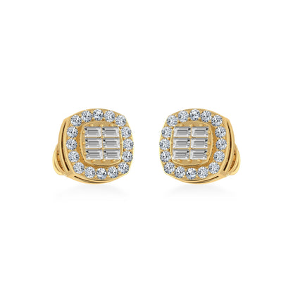 10K Yellow Gold Round Baguette Diamond Square Shape Stud Earrings 1/3 Ctw