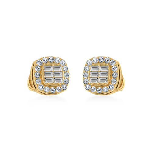 10K Yellow Gold Round Baguette Diamond Square Shape Stud Earrings 1/3 Ctw