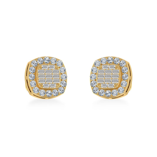 10K Yellow Gold Round Baguette Diamond Stud Earrings 5/8 Ctw