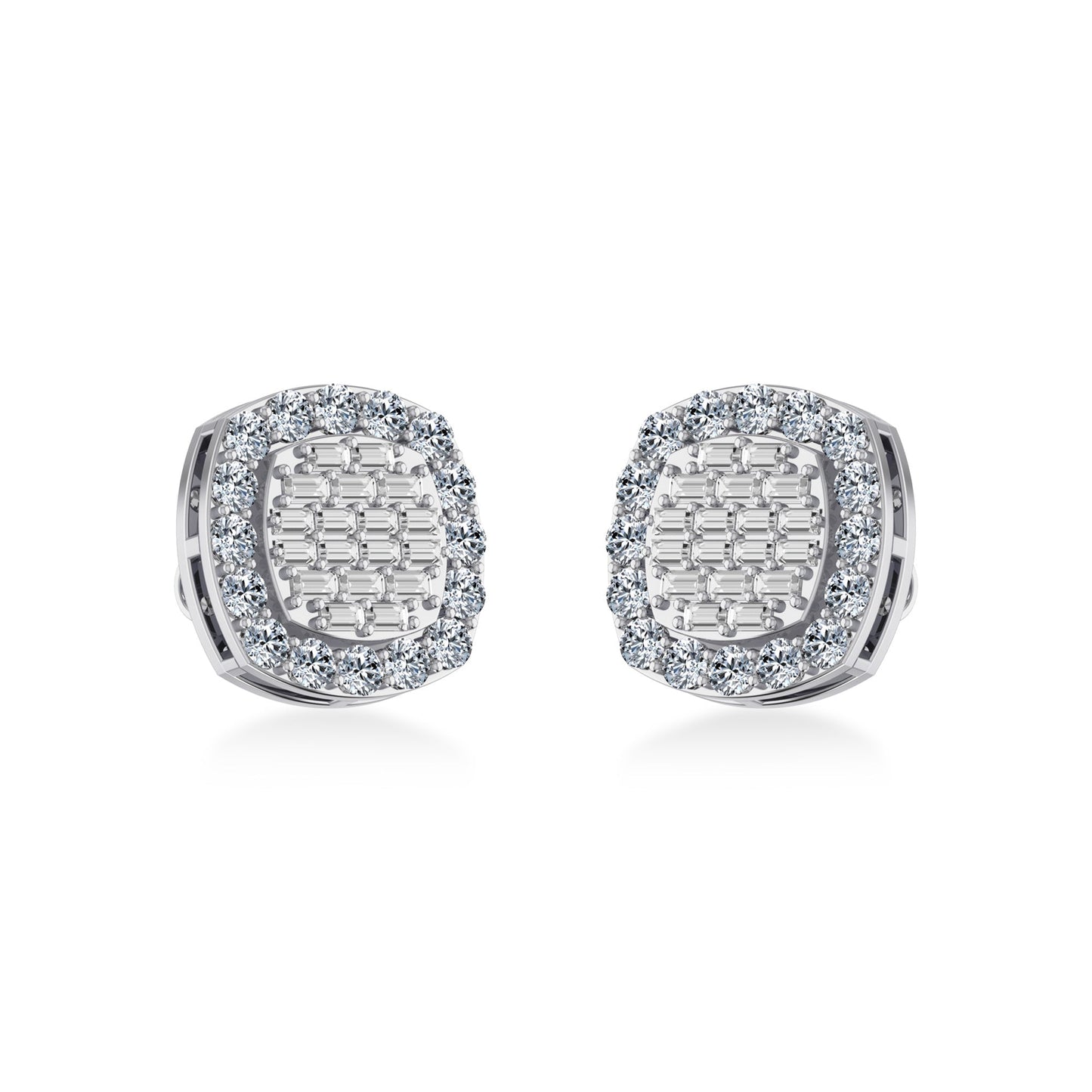 10K White Gold Round Baguette Diamond Stud Earring 1 Ctw