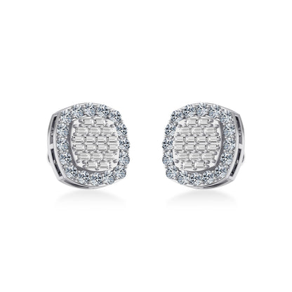 10K White Gold Round Baguette Diamond Stud Earring 1 Ctw