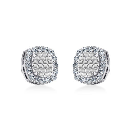 10K White Gold Round Baguette Diamond Stud Earring 1 Ctw