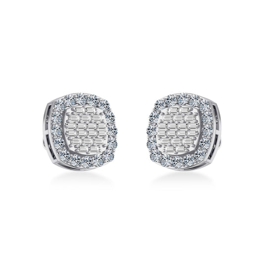 10K White Gold Round Baguette Diamond Stud Earring 1 Ctw