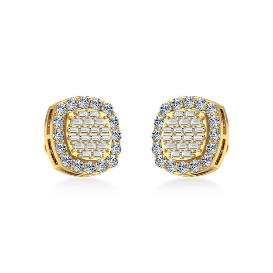 10K Yellow Gold Round Baguette Diamond Stud Earrings 1 Ctw