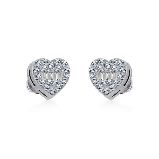 14K White Gold Round Baguette Diamond Heart Shape Cluster Stud Earring 1/5 Ctw