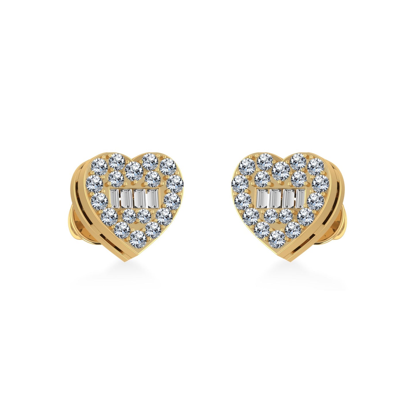 14K Yellow Gold Round Baguette Diamond Heart Shape Cluster Stud Earring 1/5 Ctw