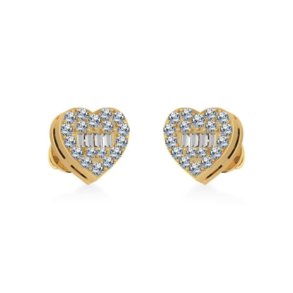 14K Yellow Gold Round Baguette Diamond Heart Shape Cluster Stud Earring 1/5 Ctw