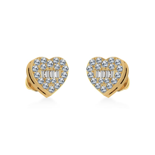 14K Yellow Gold Round Baguette Diamond Heart Shape Cluster Stud Earring 1/5 Ctw