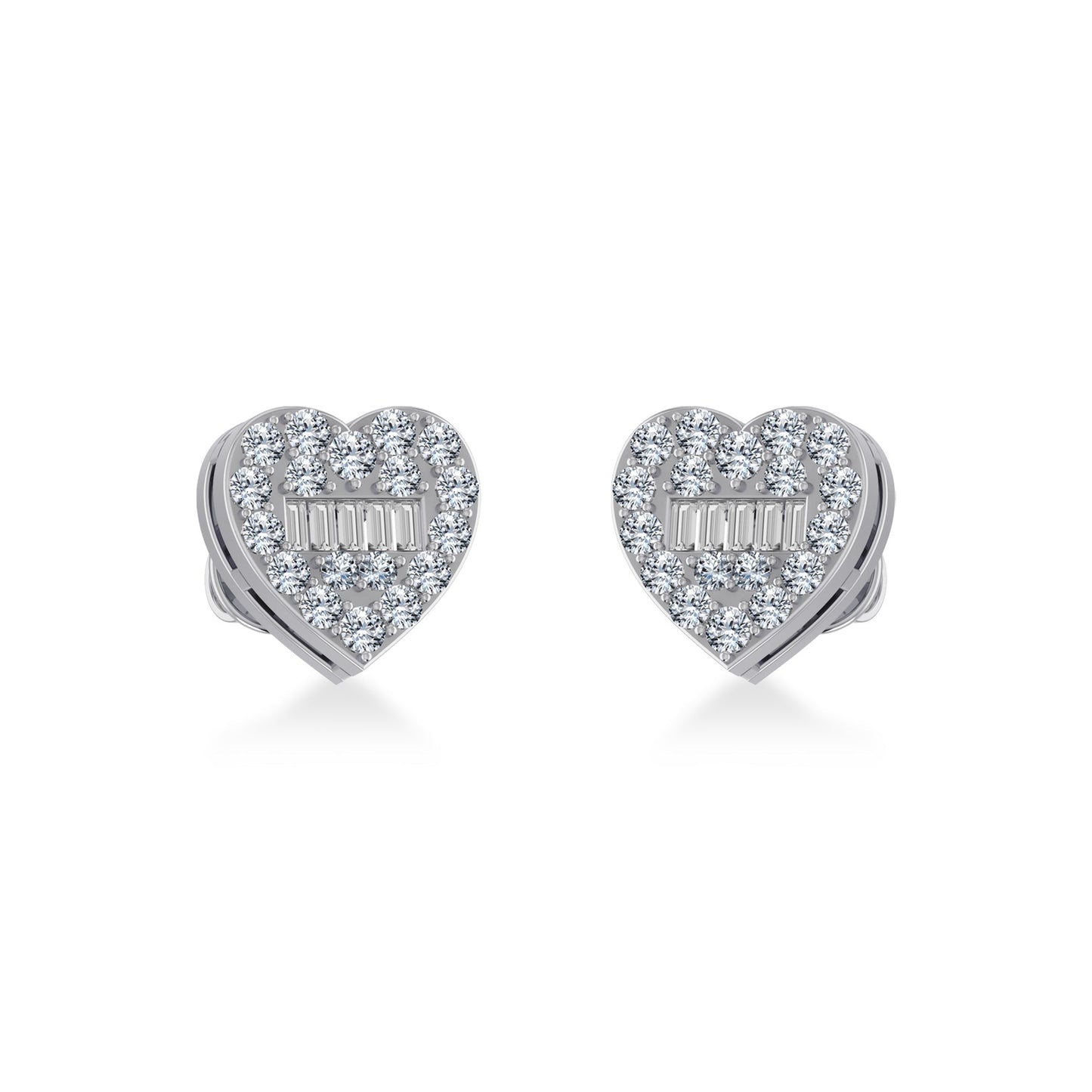 14K White Gold Round Baguette Diamond Heart Shape Cluster Stud EarRing 3/8 Ctw