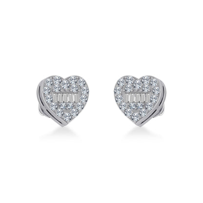 14K White Gold Round Baguette Diamond Heart Shape Cluster Stud EarRing 3/8 Ctw