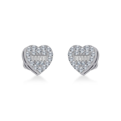 14K White Gold Round Baguette Diamond Heart Shape Cluster Stud EarRing 3/8 Ctw