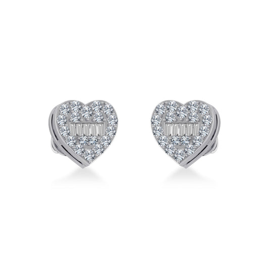 14K White Gold Round Baguette Diamond Heart Shape Cluster Stud EarRing 3/8 Ctw
