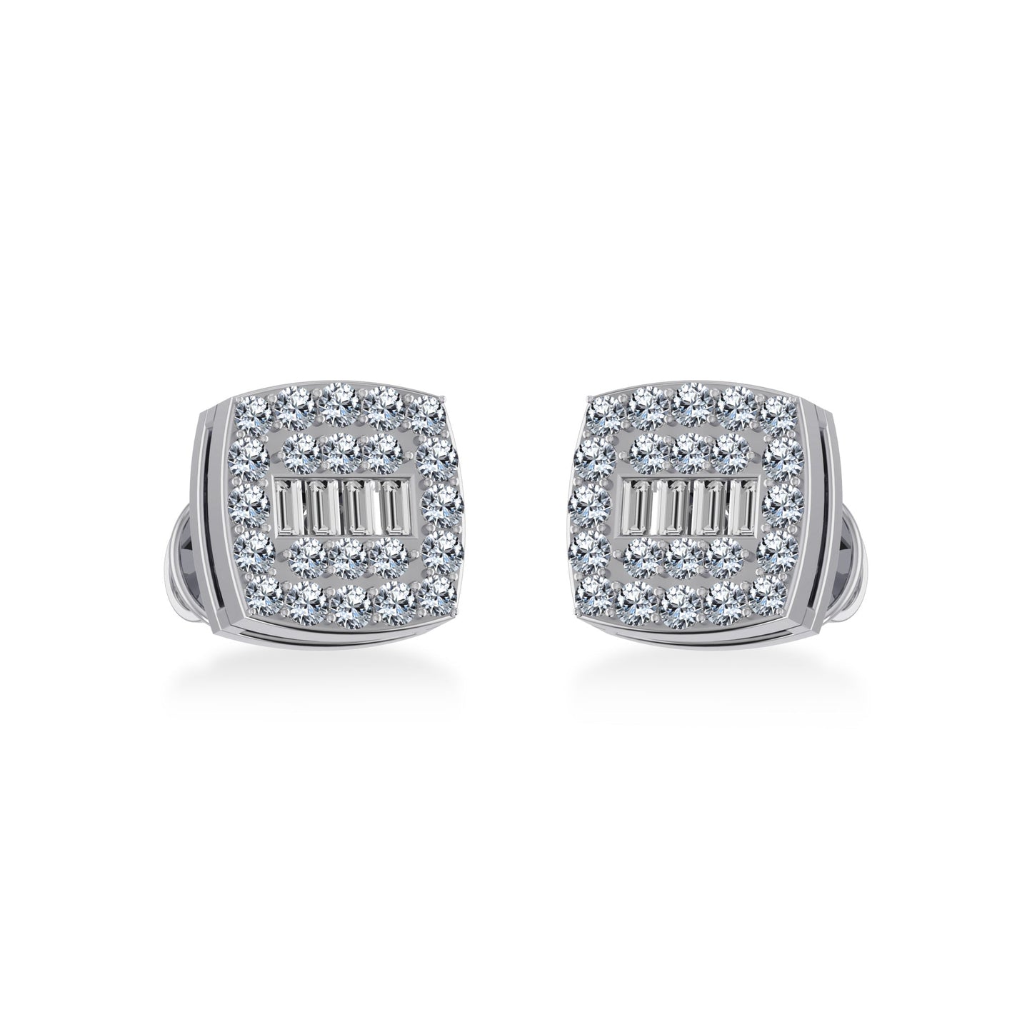 14K White Gold Round Baguette Diamond Square Shape Cluster Stud Earring 1/4 Ctw