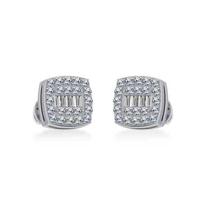 14K White Gold Round Baguette Diamond Square Shape Cluster Stud Earring 1/4 Ctw