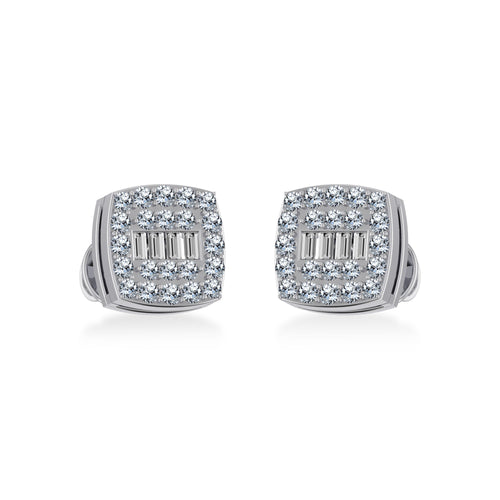 14K White Gold Round Baguette Diamond Square Shape Cluster Stud Earring 1/4 Ctw