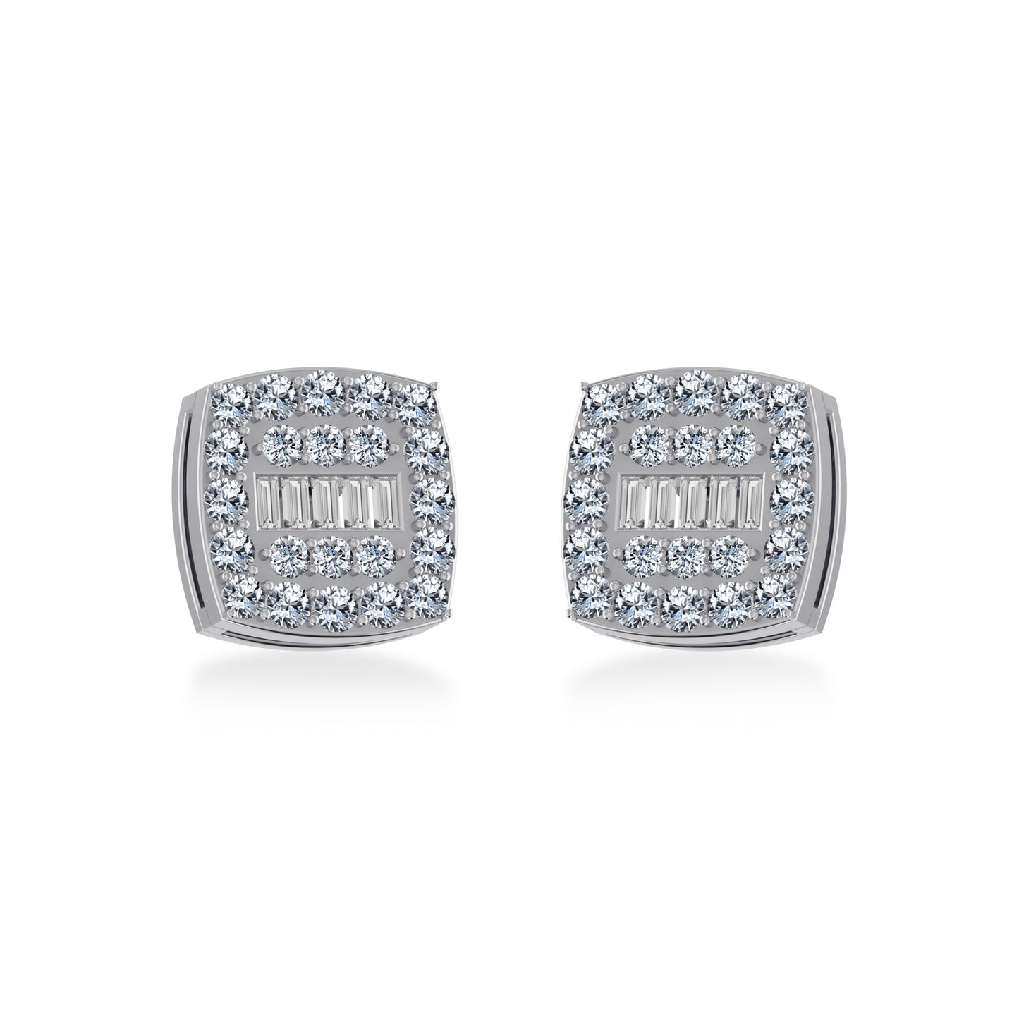 14K White Gold Round Baguette Diamond Square Shape Cluster Stud EarRing 1/2 Ctw