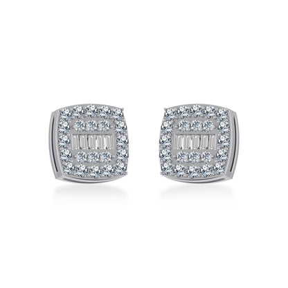 14K White Gold Round Baguette Diamond Square Shape Cluster Stud EarRing 1/2 Ctw