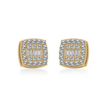 14K Yellow Gold Round Baguette Diamond Square Shape Cluster Stud EarRing 1/2 Ctw