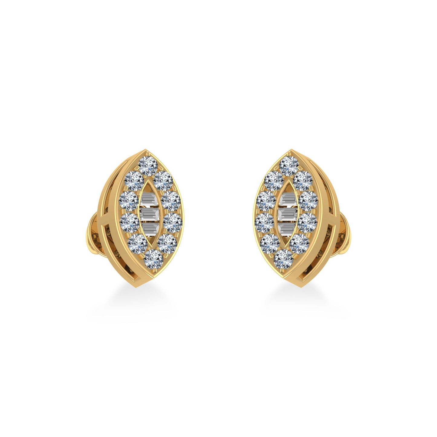 14K Yellow Gold Baguette Diamond Marquise Shape Cluster Stud EarRing 1/8 Ctw