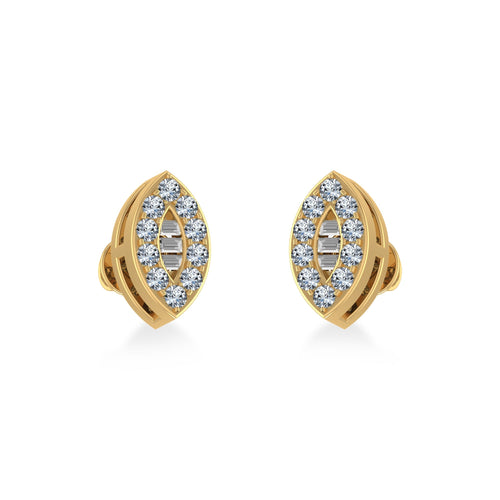 14K Yellow Gold Baguette Diamond Marquise Shape Cluster Stud EarRing 1/8 Ctw