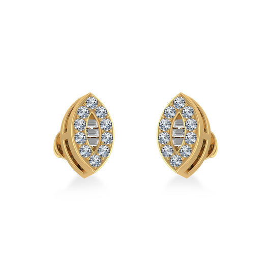 14K Yellow Gold Baguette Diamond Marquise Shape Cluster Stud EarRing 1/8 Ctw