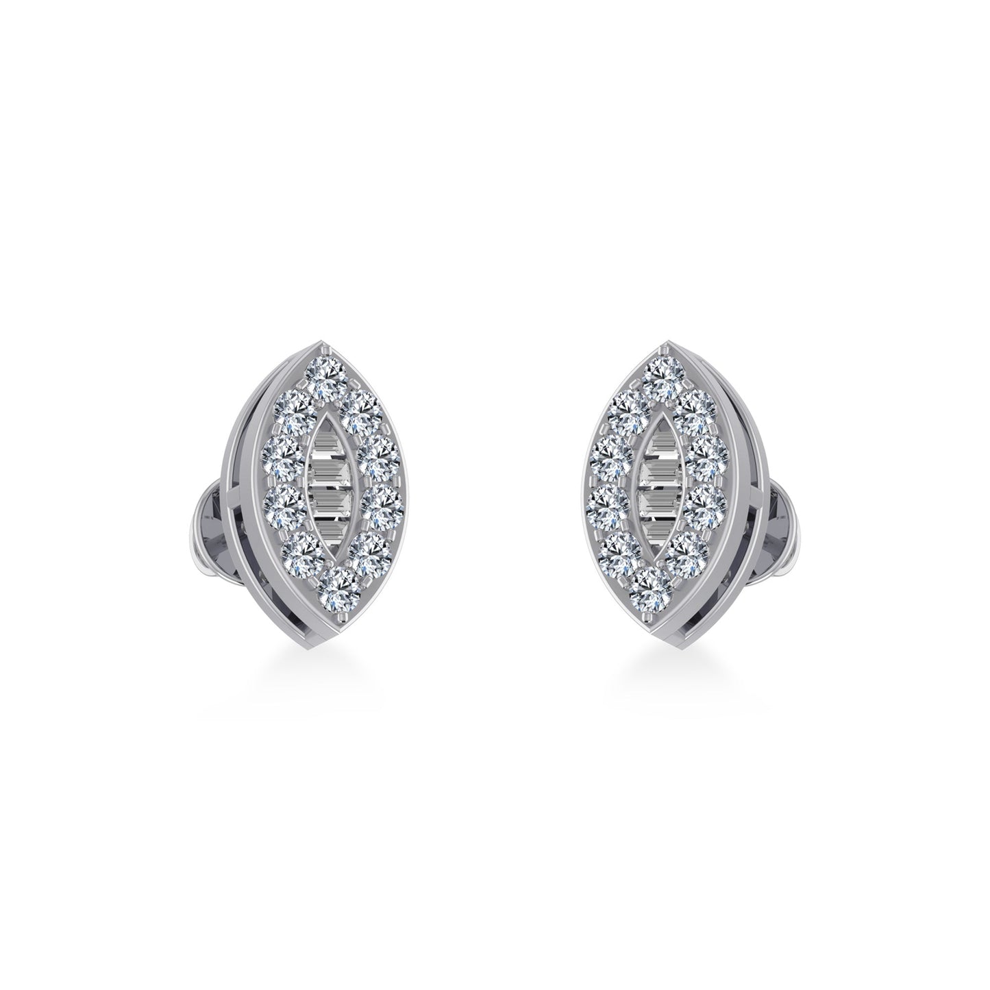 14K White Gold Baguette Diamond Marquise Shape Stud Earring 1/4 Ctw