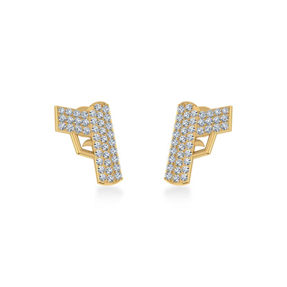 14K Yellow Gold Round Baguette Diamond Designer Stud Earring 1/5 Ctw