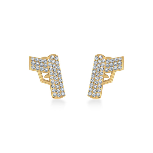 14K Yellow Gold Round Baguette Diamond Designer Stud Earring 1/5 Ctw