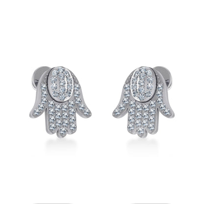 14K White Gold Round Baguette Diamond Hamza Hand Religious Stud Earrings 1/5 Ctw
